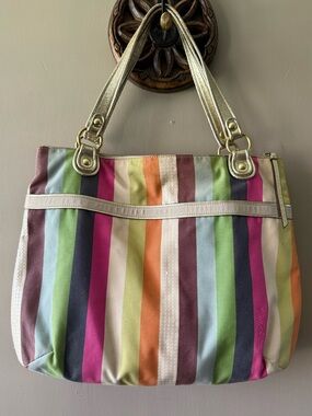 Coach Multicolor Stripe Tote Bag Y2K Canvas Metallic Gold Strap Shoulder Bag